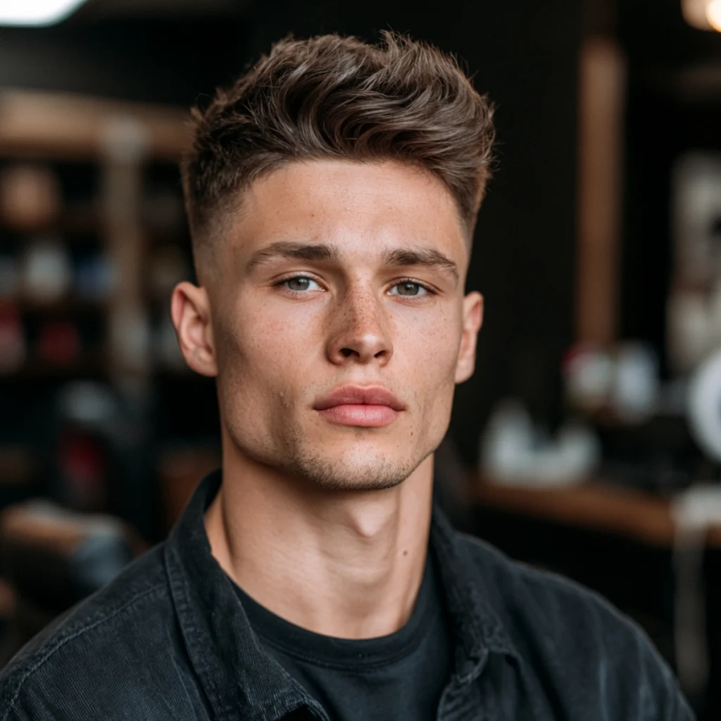 Medium length textured quiff with a low fade, brown hair swept up and back with volume