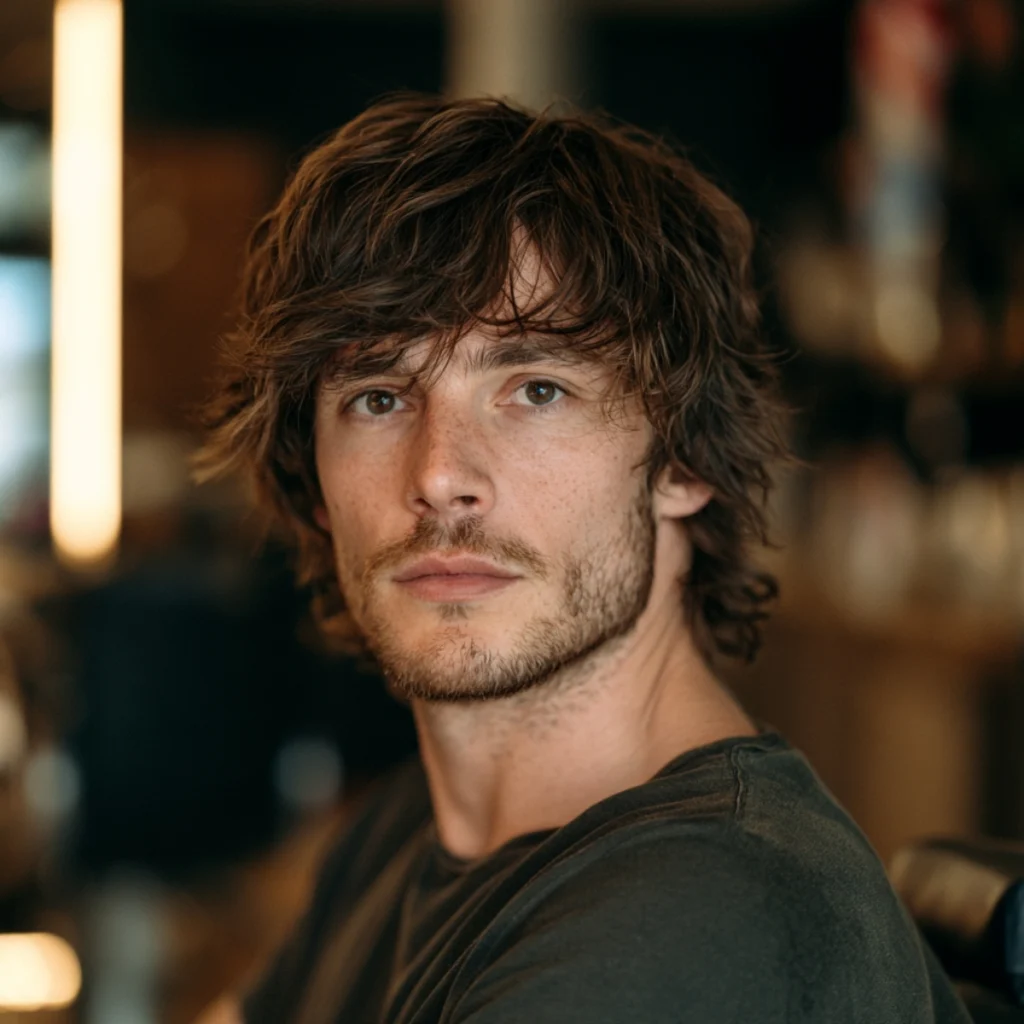 Medium length textured shag, choppy layered brown hair with a messy undone finish and short beard