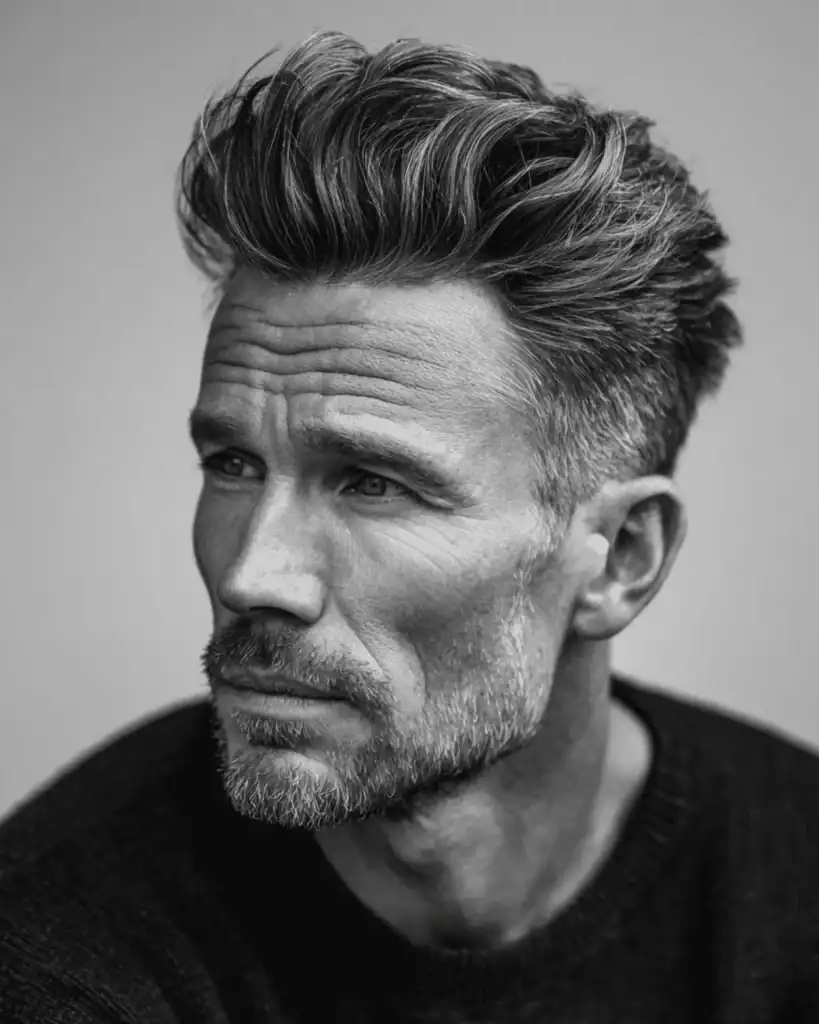 Black and white profile of a commanding man over 40 with a medium pompadour, featuring hair styled up and back with significant volume.