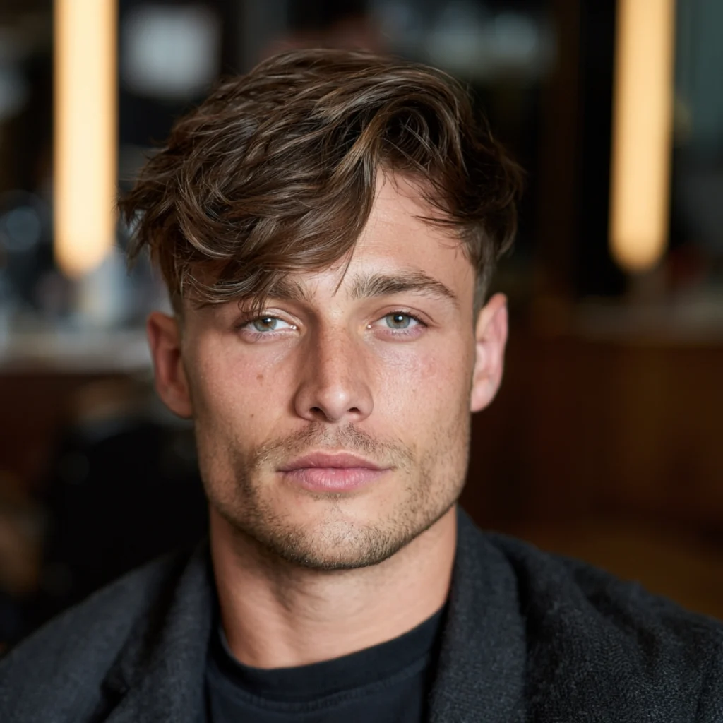 Medium textured side swept hair, brown hair flowing diagonally across the forehead with natural movement"