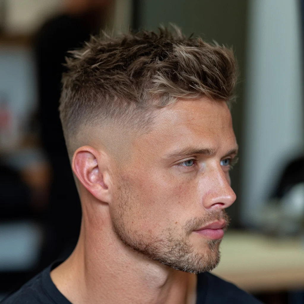 Man with a messy high fade quiff, lifted front with looser, piecey texture through the top and a high fade at the sides.
