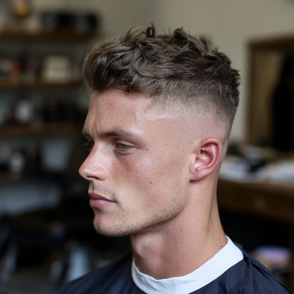 Messy short textured quiff with loose separation through the front and faded sides