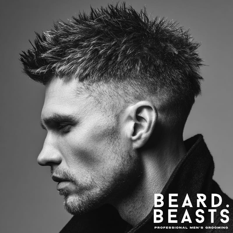 Messy spiky fade hairstyle on a model, featuring short, faded sides and textured, voluminous spikes on top. The combination of the fade and spikes creates a clean, modern contrast with natural texture for a bold, effortless look.