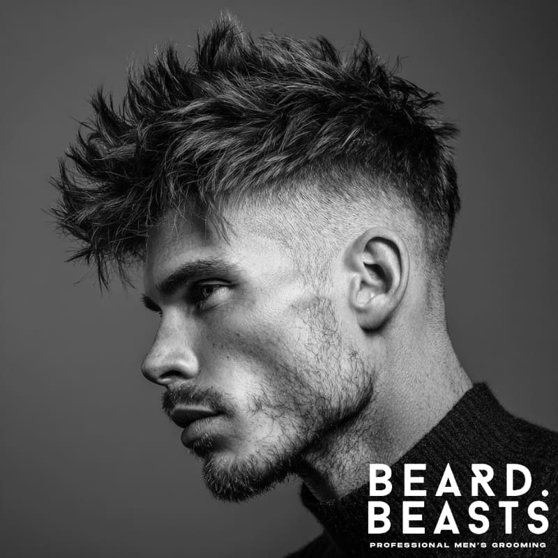 Messy spiky undercut hairstyle on a model, featuring a sharp fade on the sides with voluminous, textured spikes on top. The style creates a bold contrast between the clean undercut and the messy, spiked texture on top, ideal for a modern and edgy look.