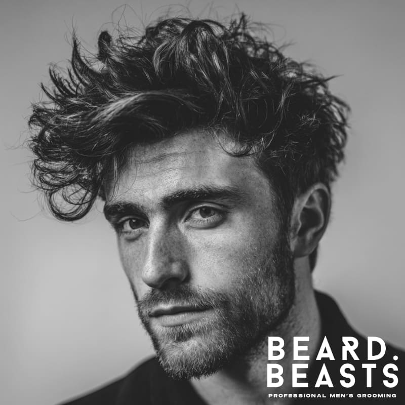 Messy spiky hair with natural waves on a model, showcasing textured volume and a carefree, tousled style. The hair is styled to enhance natural waves while maintaining the spiky, voluminous look for a relaxed yet edgy appearance.