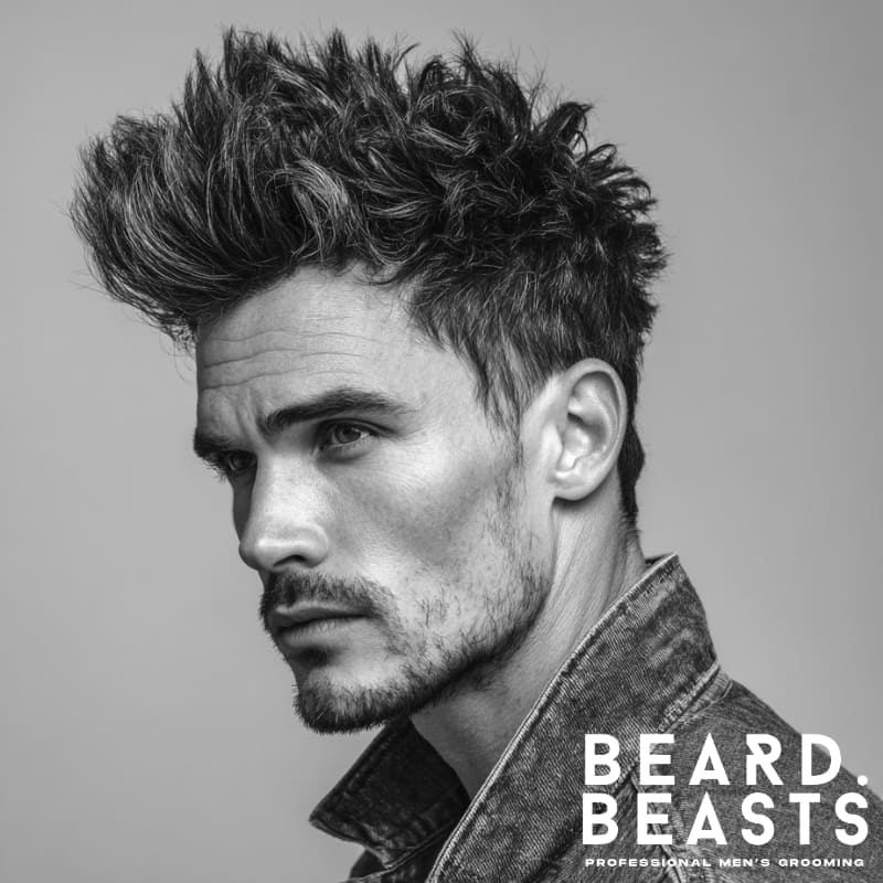 Messy spiky pompadour hairstyle on a model, combining voluminous spikes at the front with a structured yet textured style. The spiked top adds height, while the sides are neatly trimmed, creating a bold, modern, and edgy look.