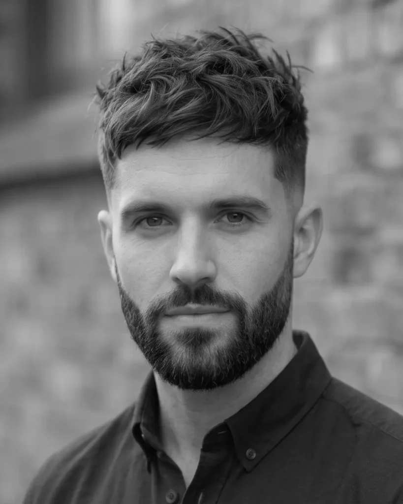 Man with a messy textured top, low fade haircut and full beard in a black and white portrait.