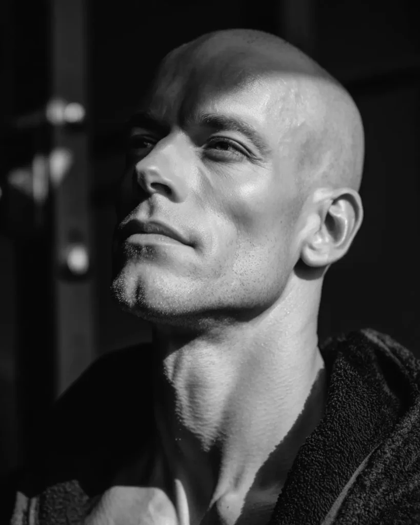 men's shaved head athletic hairstyle in gym setting, side profile view
