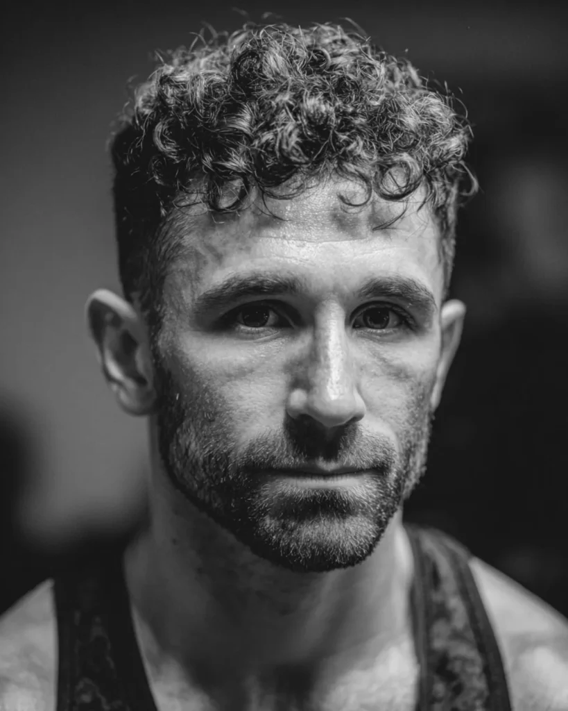 men's short curly fade athletic hairstyle with natural curl texture and beard in gym setting