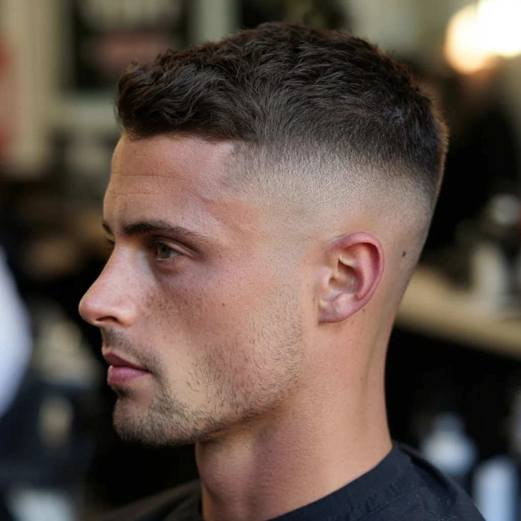 Man with a short high fade quiff, compact lifted hair with a clean high fade and hard part at the sides.