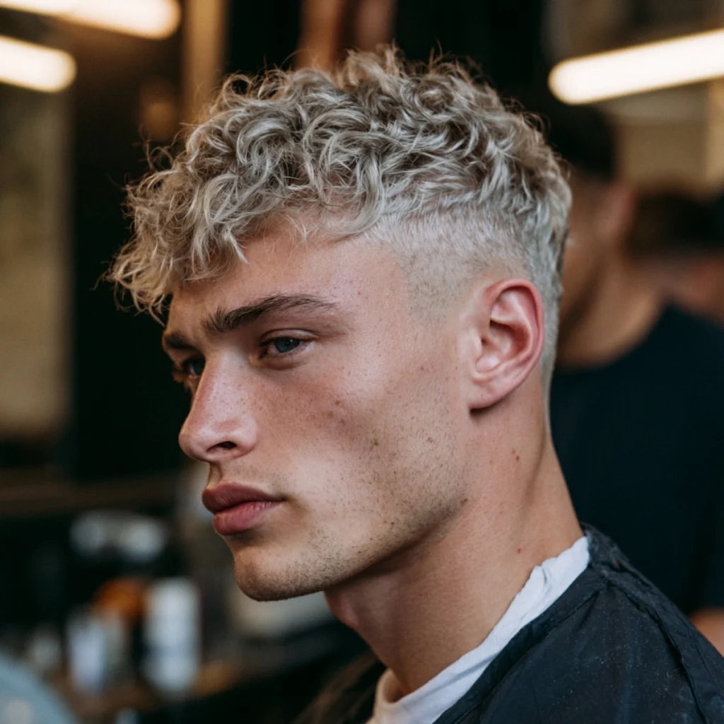 Short messy waves with a low fade, textured blonde hair with natural movement on top