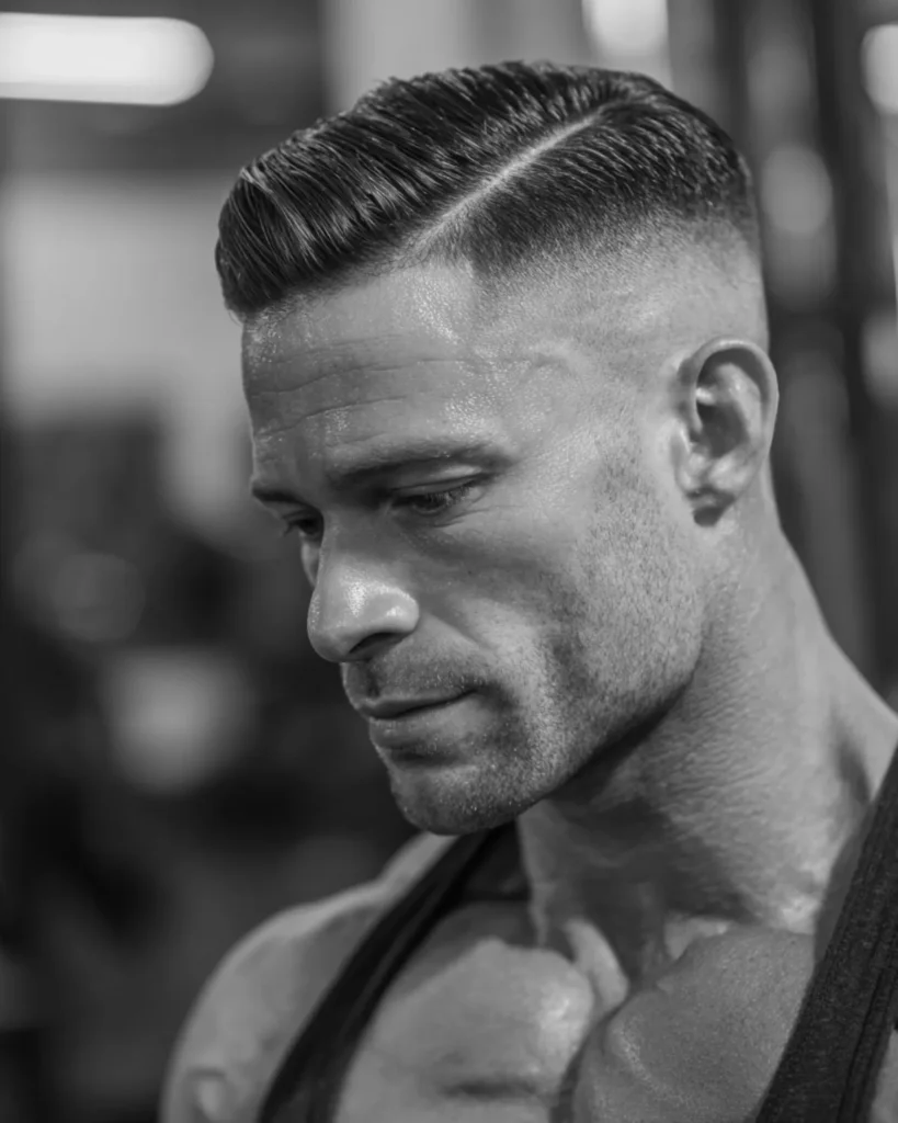 short side part with high fade on a bodybuilder in gym setting, three-quarter view