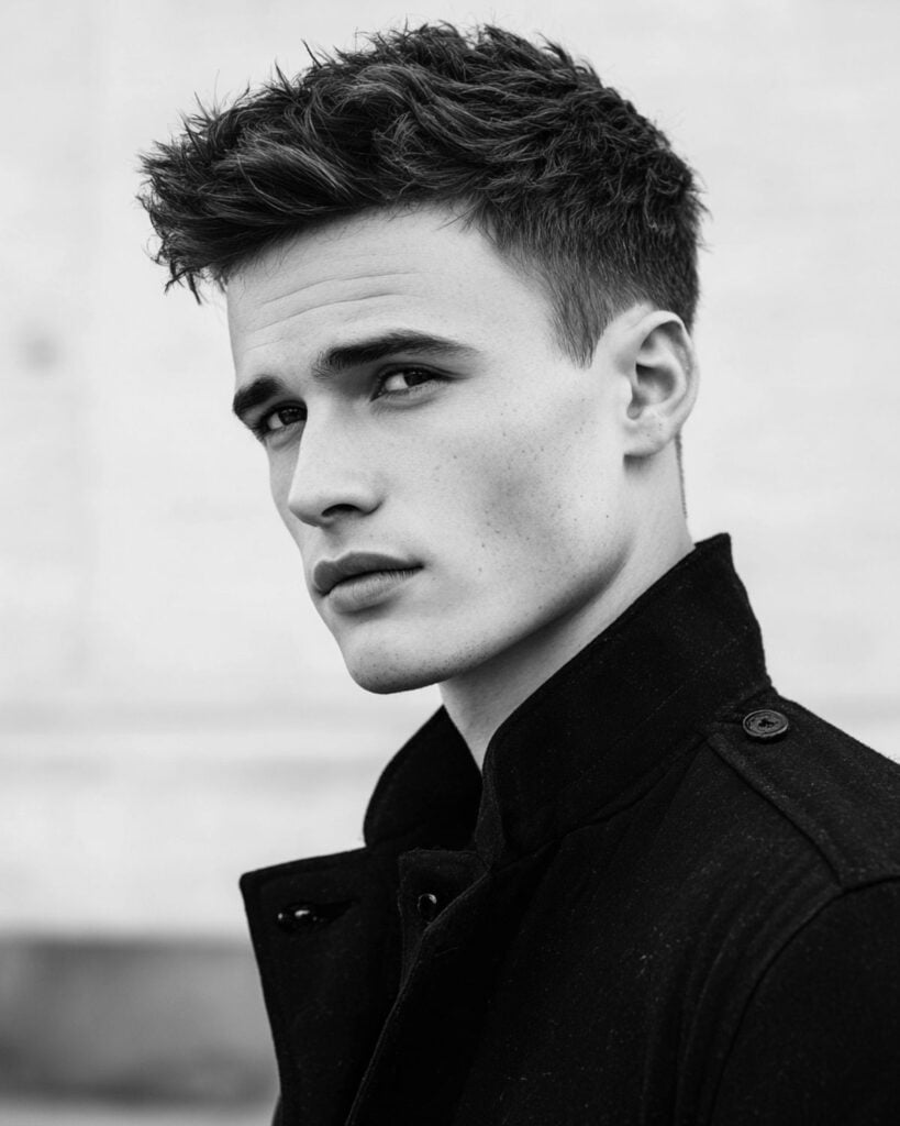short textured quiff haircut with taper fade and point-cut front section, black and white