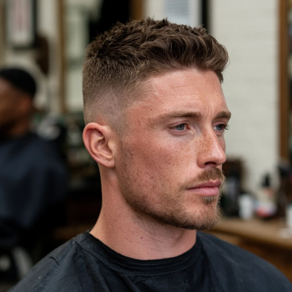 Short textured quiff haircut with faded sides and lifted texture through the front