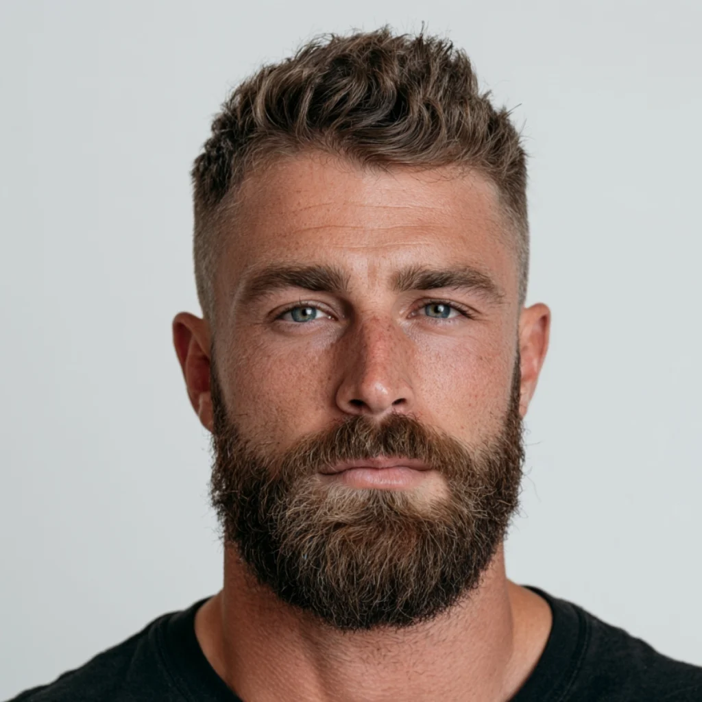 Short textured quiff with beard and short faded sides