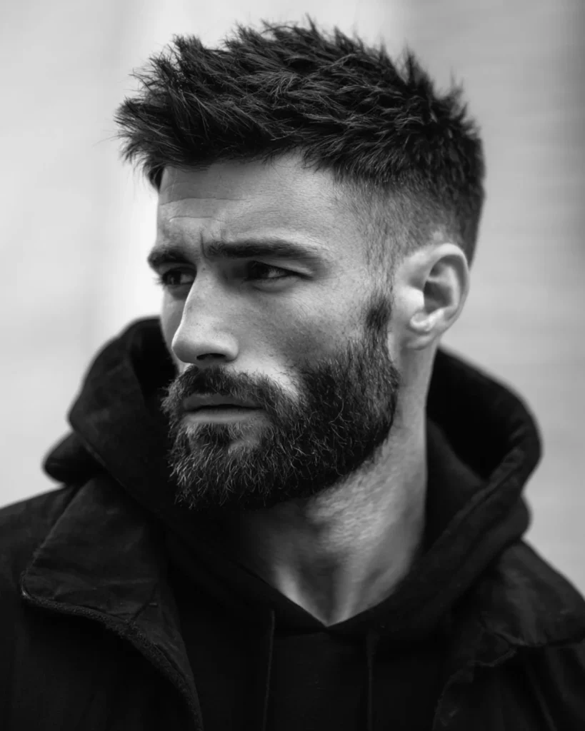 short textured quiff with beard and mid fade, black and white three-quarter view
