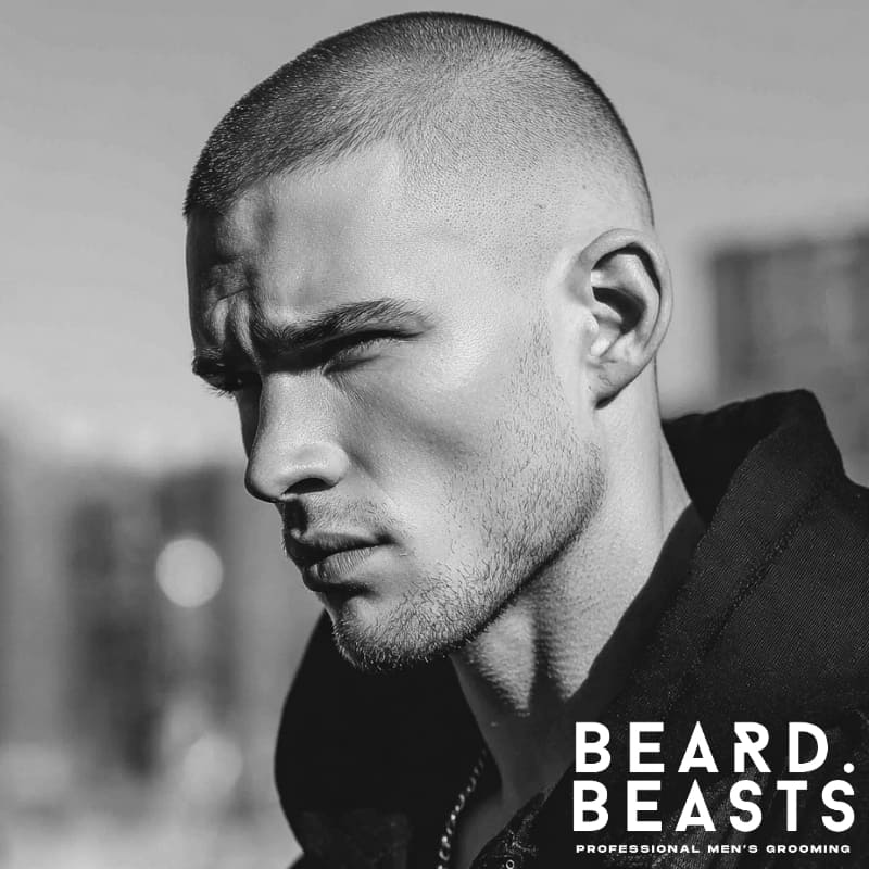 A clean and sharp skin fade buzz cut with a high fade on the sides, showcasing a modern, stylish men’s haircut. Ideal for those looking for a low-maintenance yet bold look. Perfect for straight hair types.