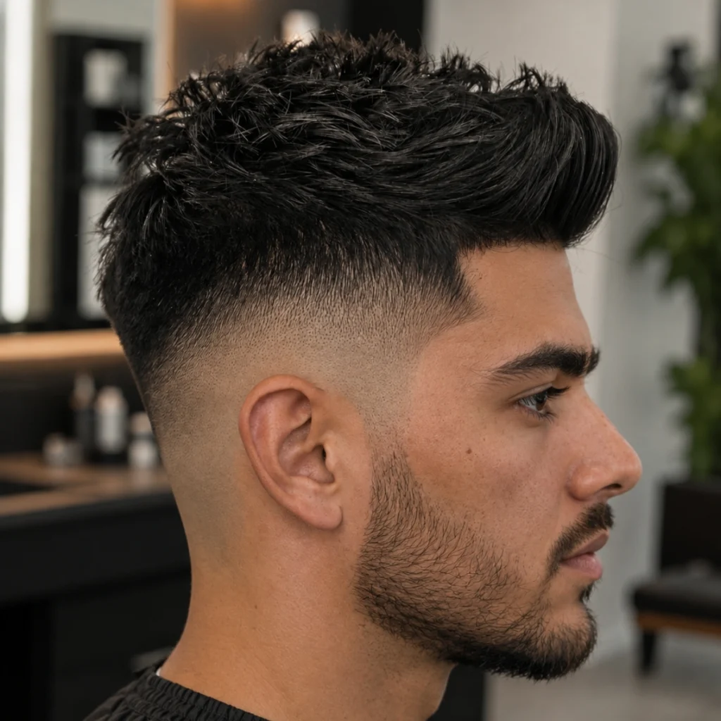 Skin fade short textured quiff with textured volume through the top