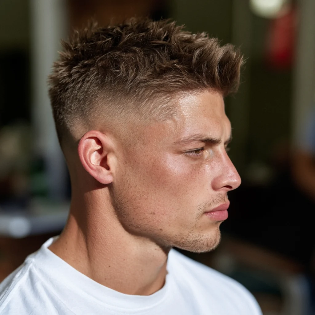 Spiky textured cut with a high fade, short brown hair spiked up with a sharp side profile