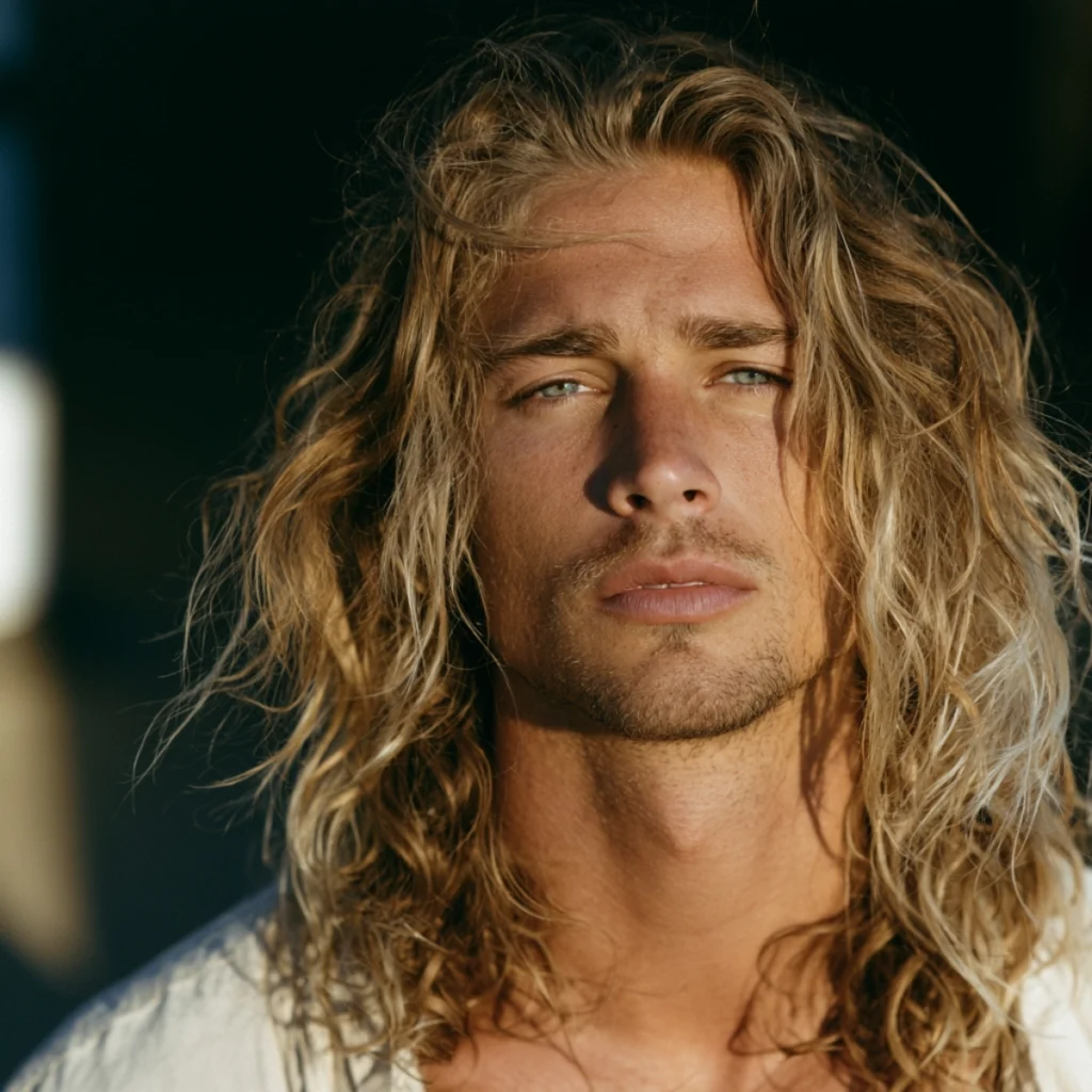 Surfer inspired long texture, sun-bleached wavy blonde hair with salt-dried texture and tanned skin
