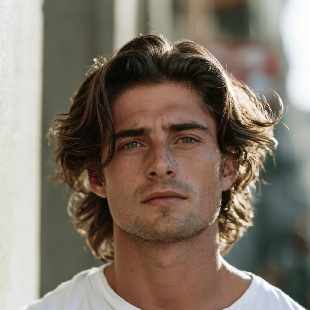 Textured bro flow, wavy brown hair swept back with volume and natural movement past the ears
