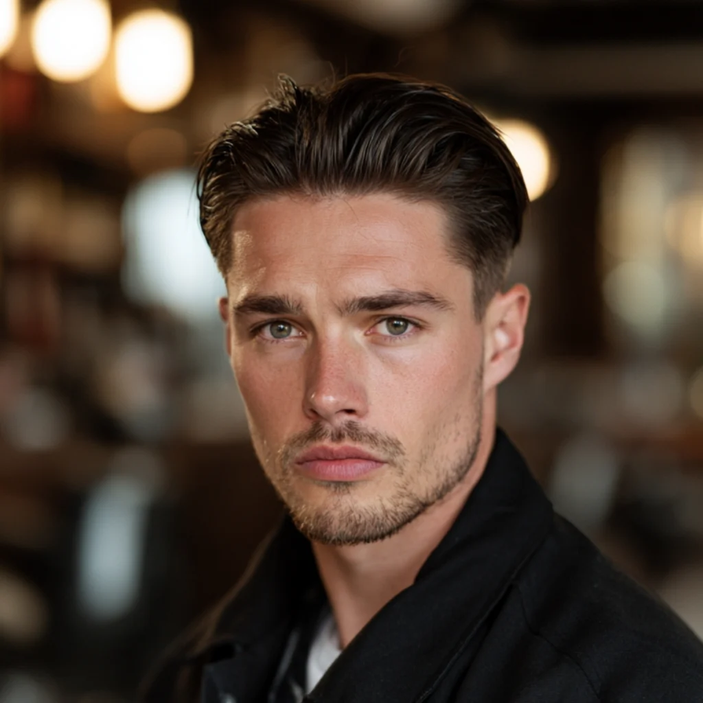 Textured brush back with a fade, dark hair pushed straight back with even lift and a side profile fade