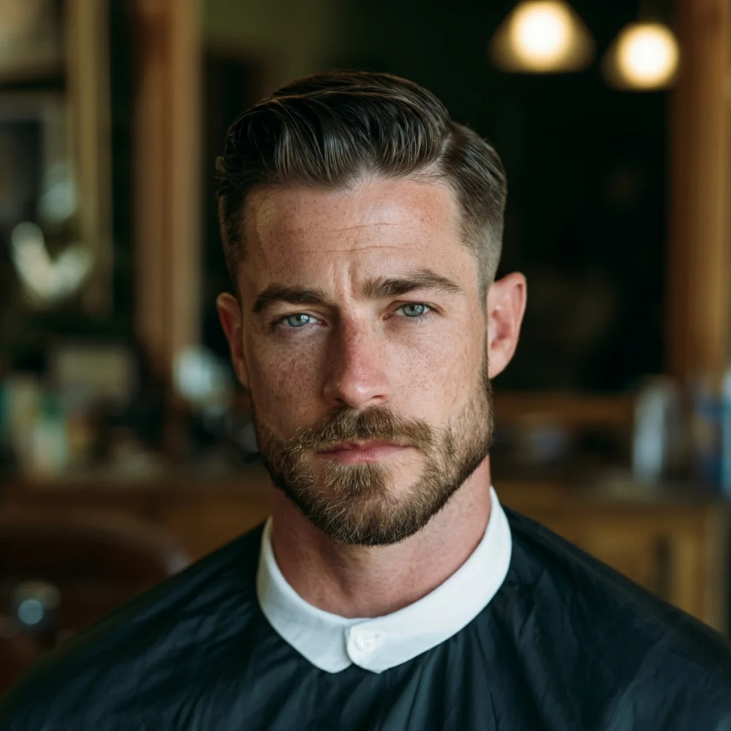 Textured comb over with faded sides, dark hair combed to one side with a short beard