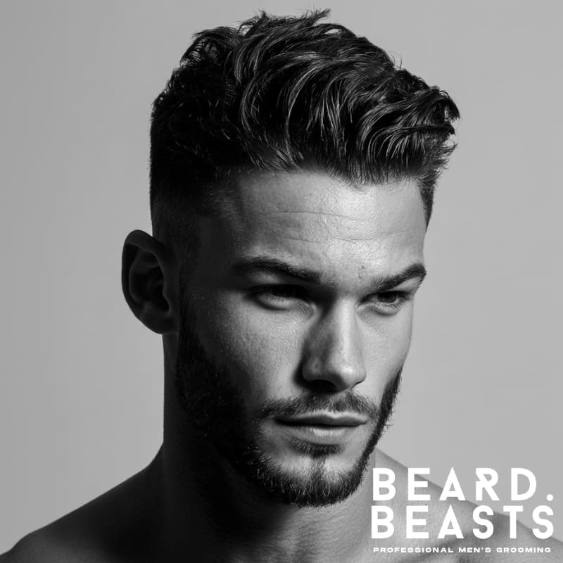Young male model with a textured comb over haircut for men, featuring a clean side part and natural volume for a sharp, modern look.