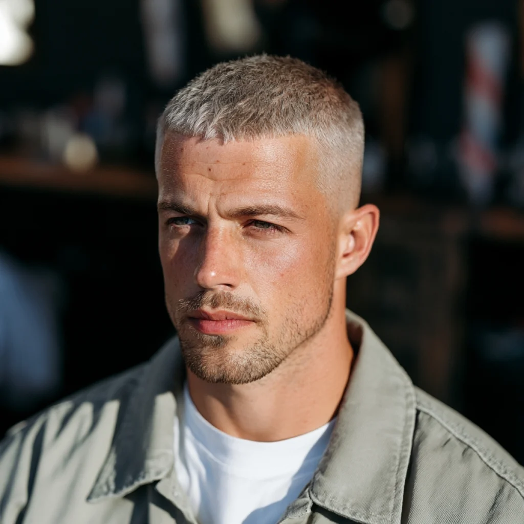 Textured crew cut with a high fade, short cropped grey hair with visible texture on top