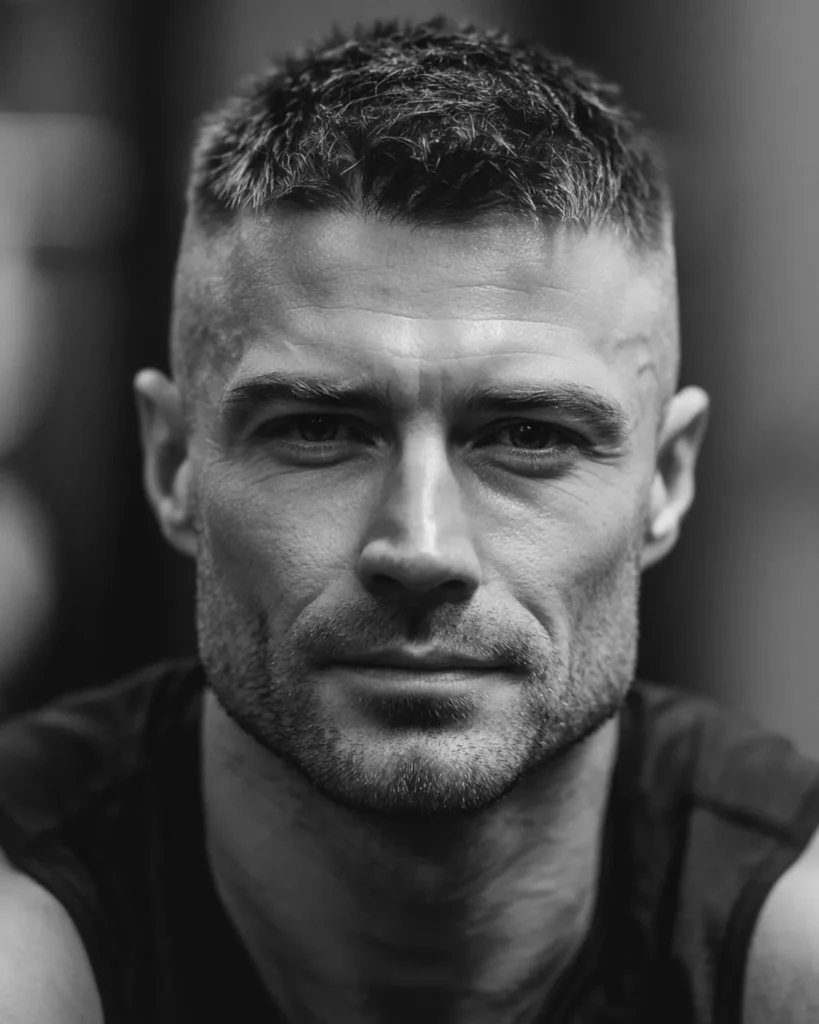men's textured crop athletic hairstyle with short fade sides in gym setting