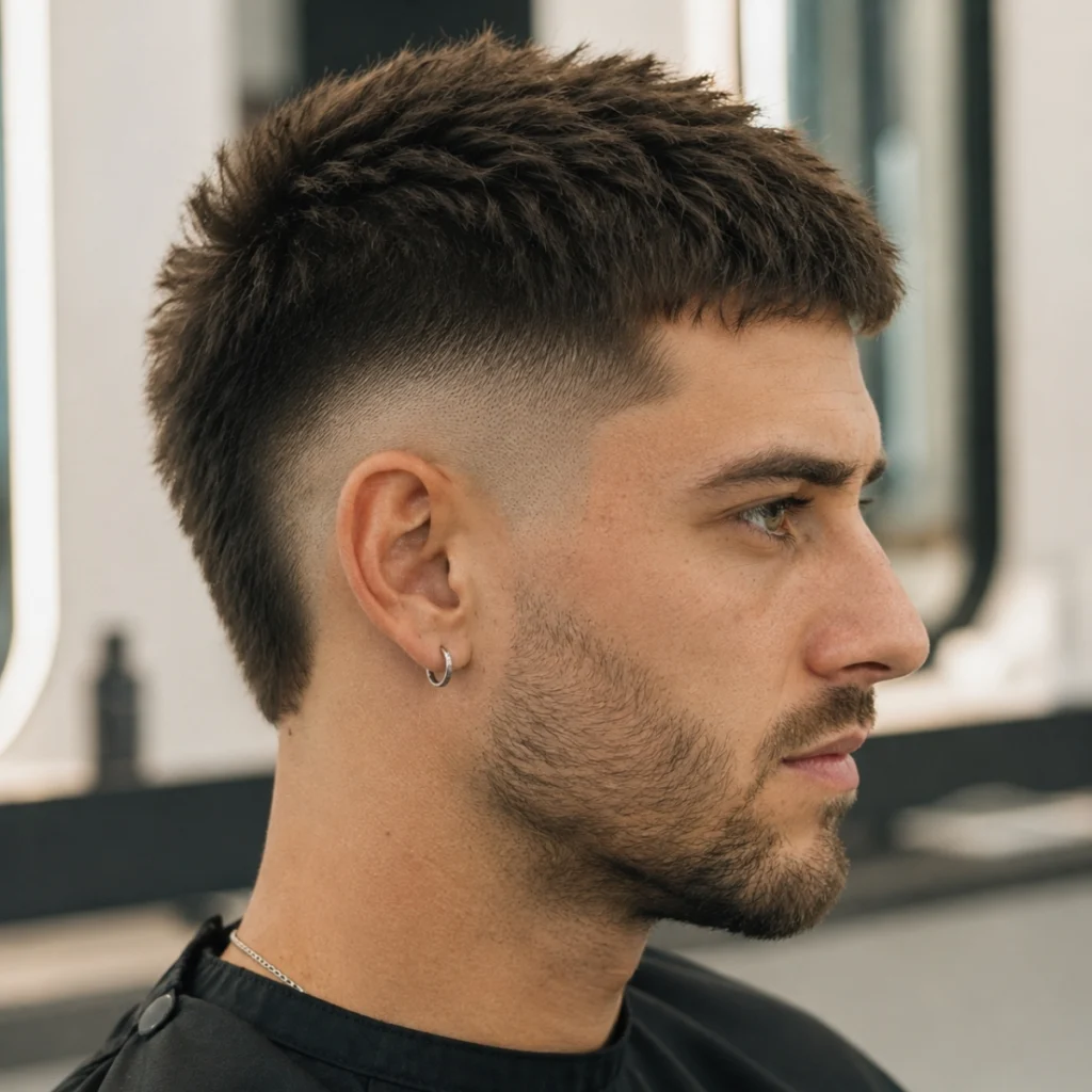Textured crop with a burst fade curving around the ear, choppy fringe on top with a short beard