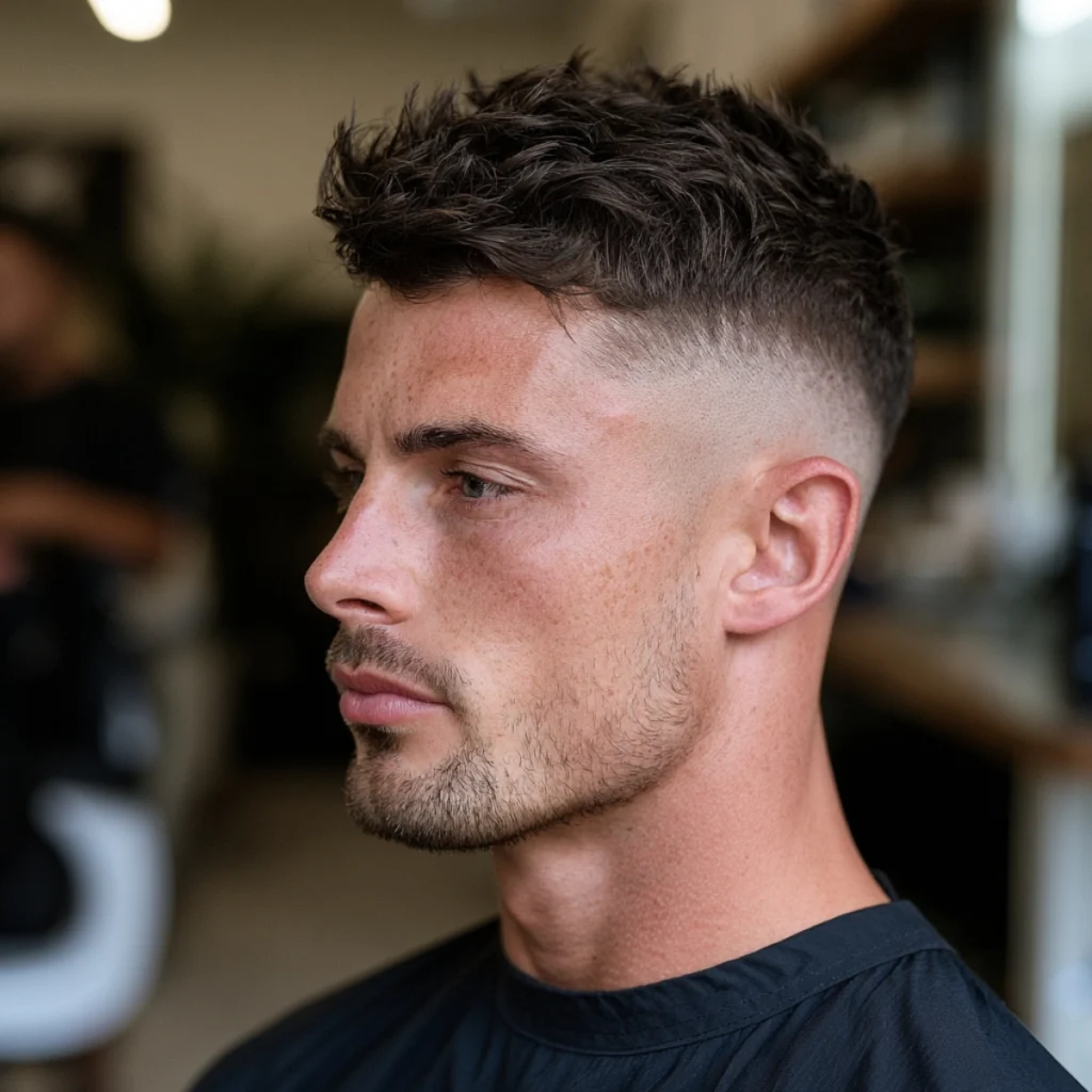 Textured crop with a drop fade curving down behind the ear, choppy fringe on top with a short beard