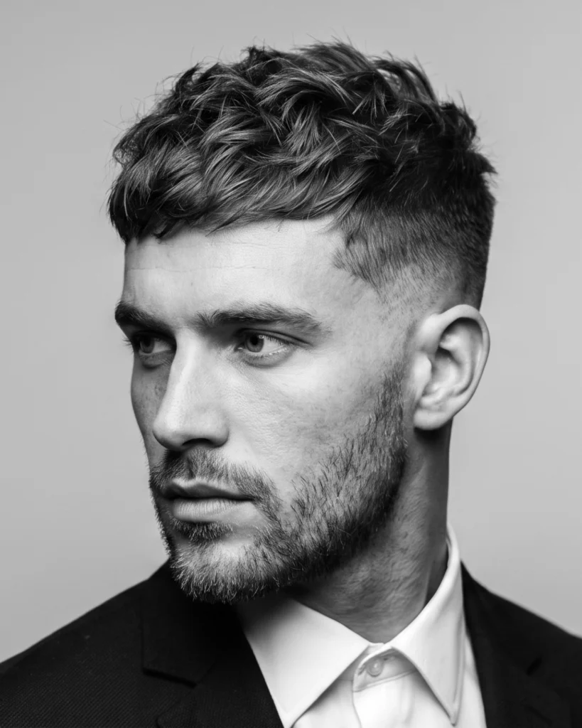 Man with a textured crop haircut and faded sides, showing a hairstyle for diamond face shape men