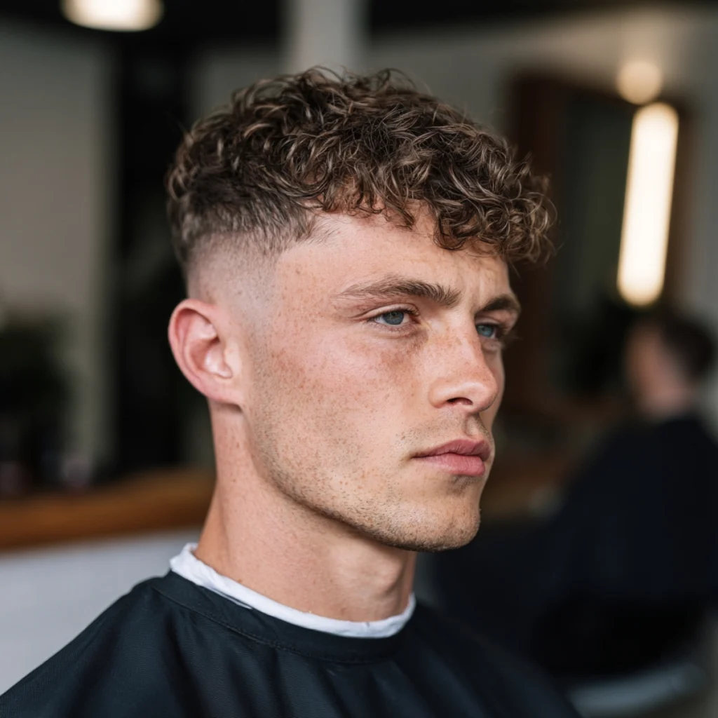 Textured crop with skin fade on curly light brown hair with the curls kept full on top