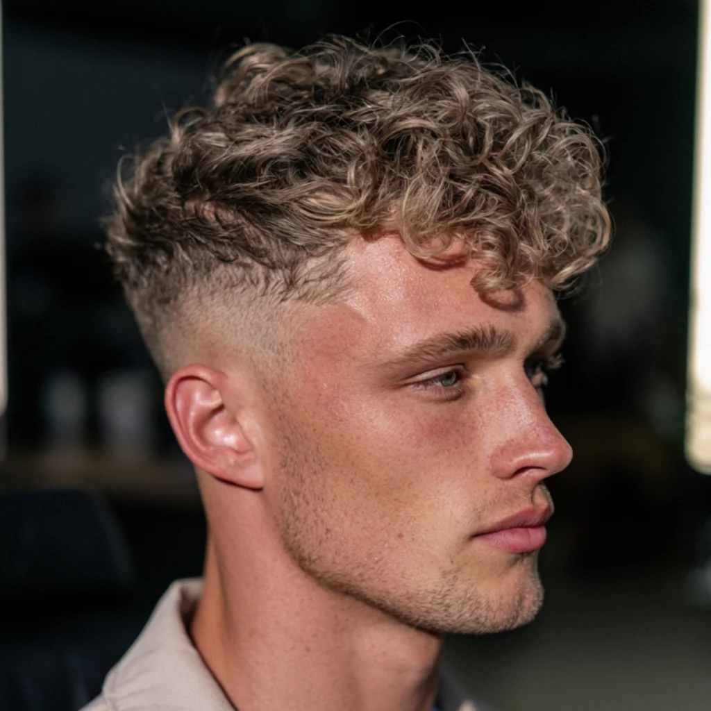 Textured curly top with a skin fade, tight blonde curls with a sharp fade to skin at the temple