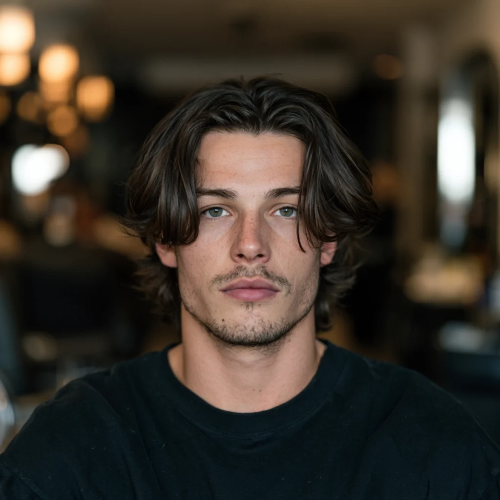Textured curtains hairstyle, dark brown hair centre parted and falling forward on both sides