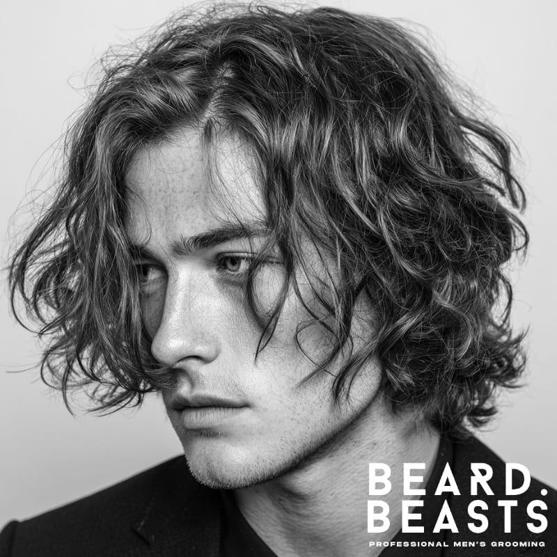 Young male model with a textured curtains haircut for men, featuring natural curls and layers, adding volume and effortless style for a modern, relaxed look.