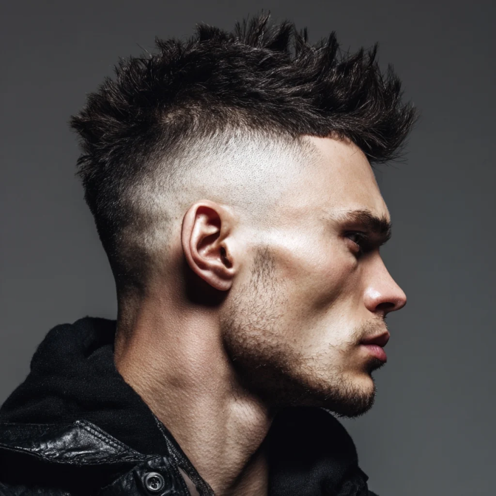 Textured faux hawk fade with a narrow spiked strip down the centre and a sharp fade to skin on the sides