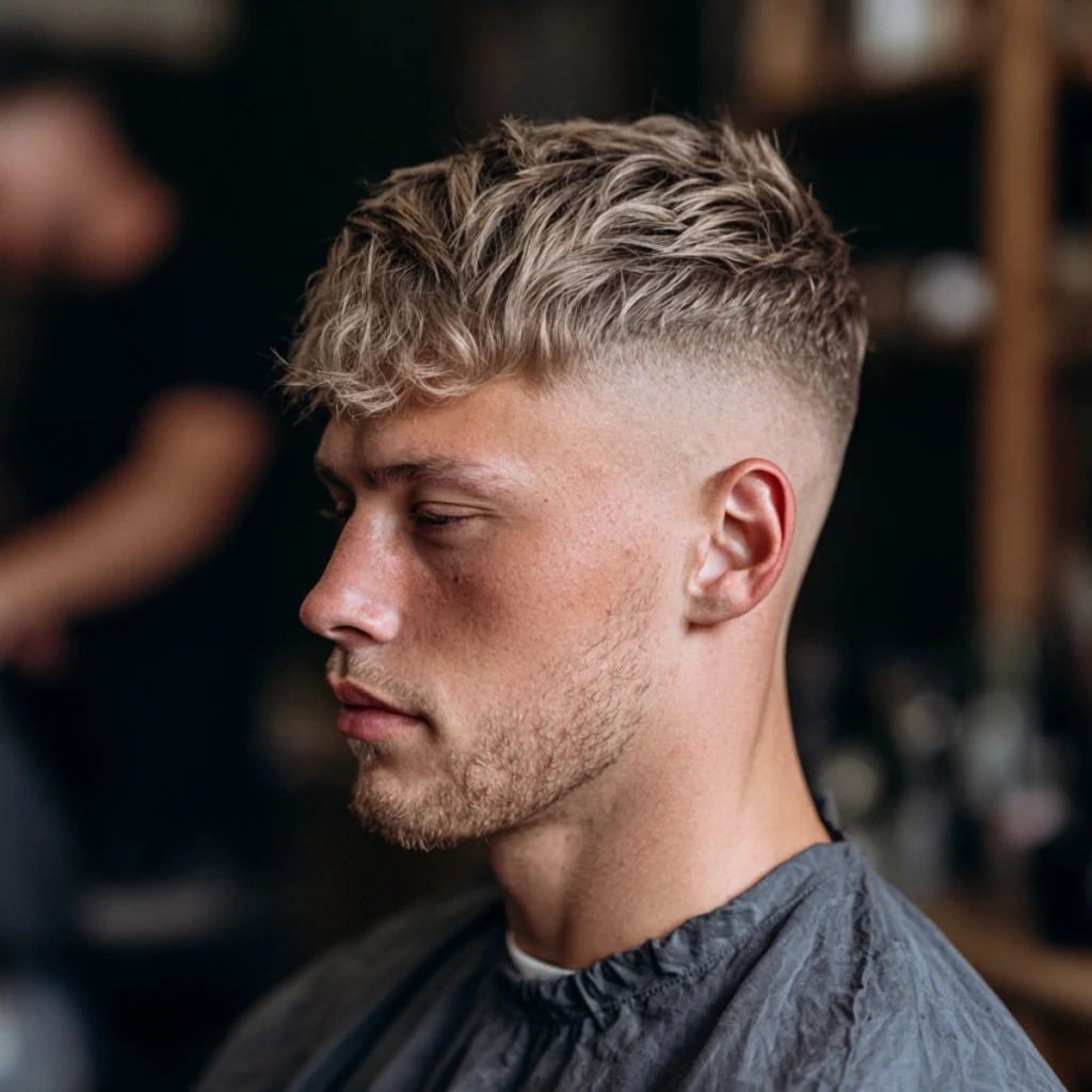 Textured fringe with a low fade, choppy blonde hair falling forward across the forehead