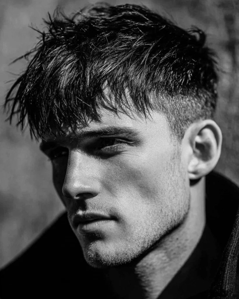 Man with a longer textured fringe and short faded sides, showing a hairstyle for diamond face shape men