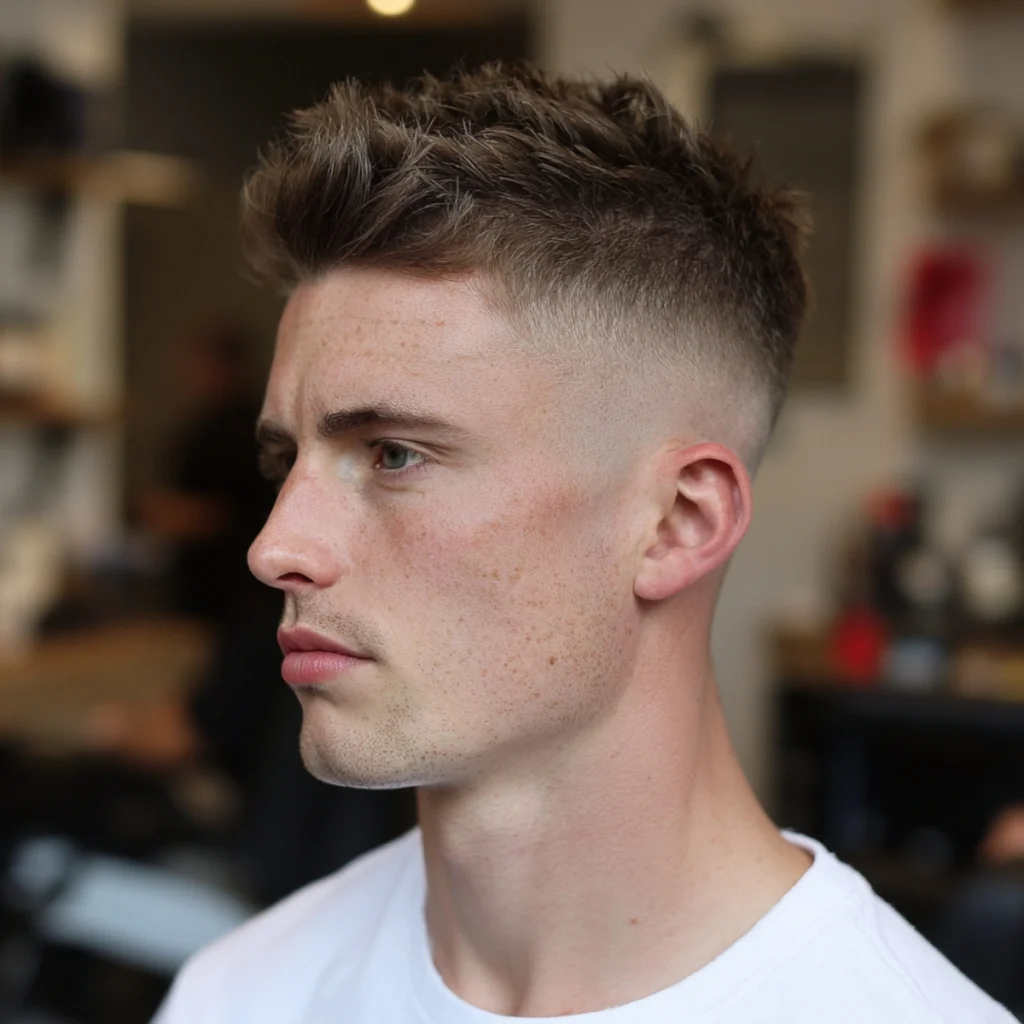 Man with a textured high fade quiff, choppy separated pieces lifted through the top with a high fade at the sides.