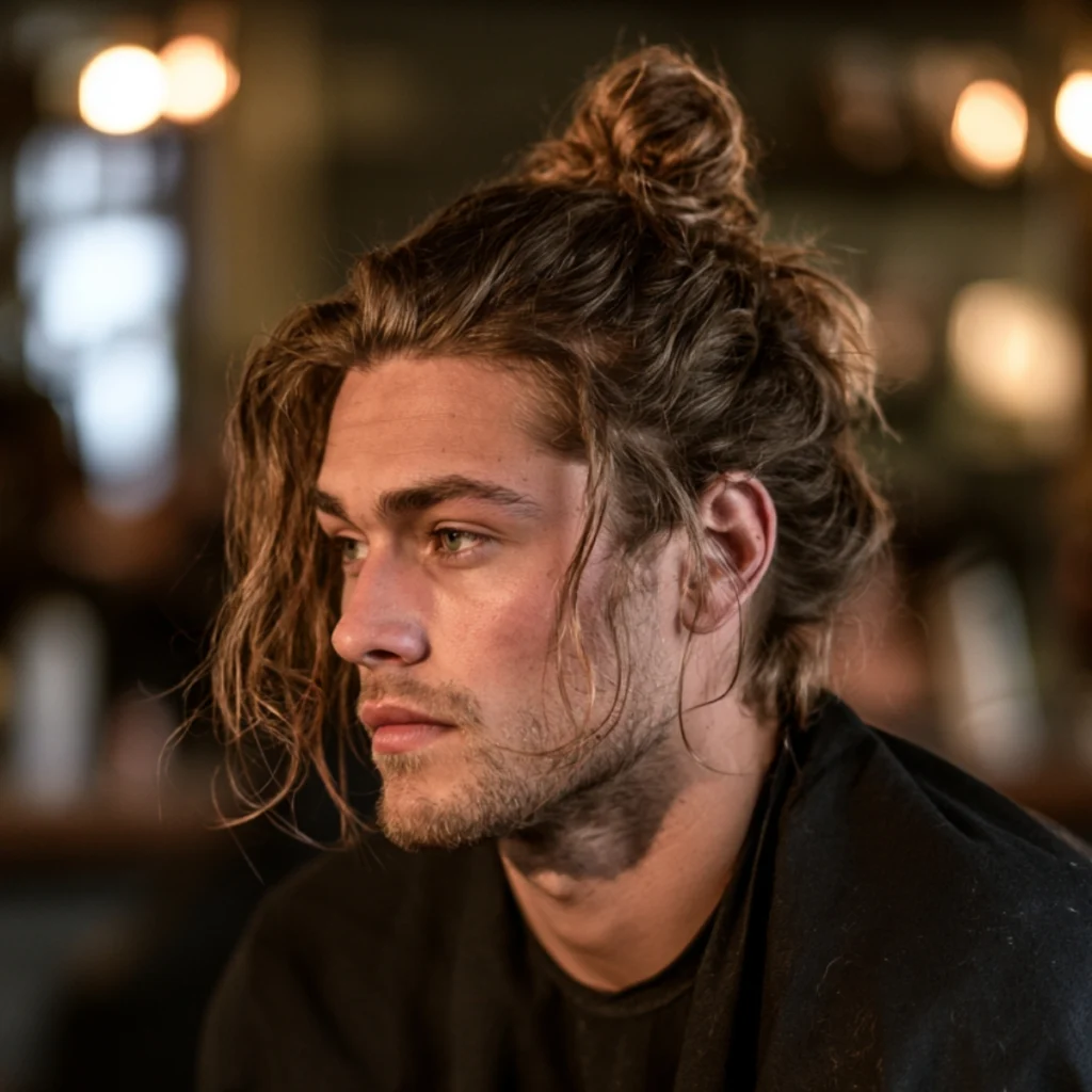Textured man bun with loose strands, gathered brown hair at the crown with pieces falling around the face.