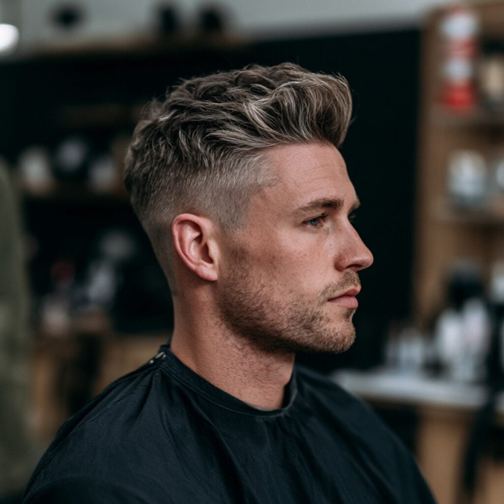 Textured medium pompadour with a fade, grey brown hair swept up and back with volume at the front