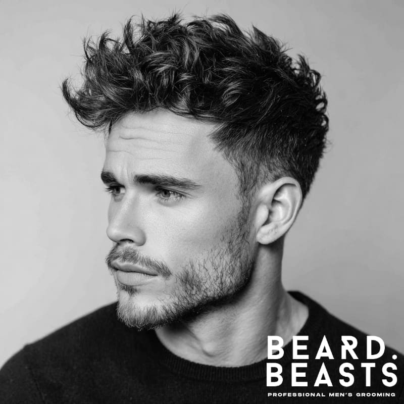 Textured messy spiky hairstyle on a model with voluminous, layered curls and natural texture. A modern take on the spiky look, ideal for men seeking a bold yet relaxed style.