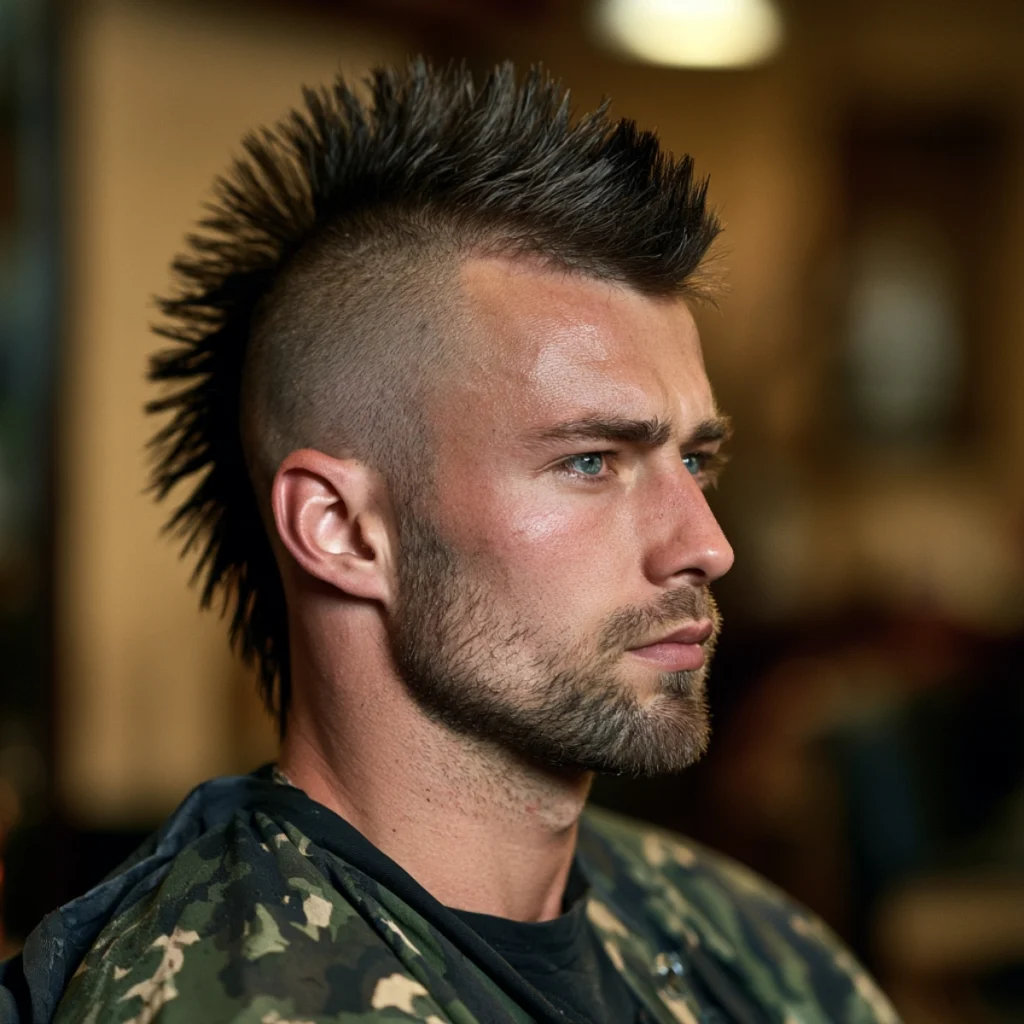 Textured mohawk with a tall spiked centre strip and both sides shaved completely to bare skin