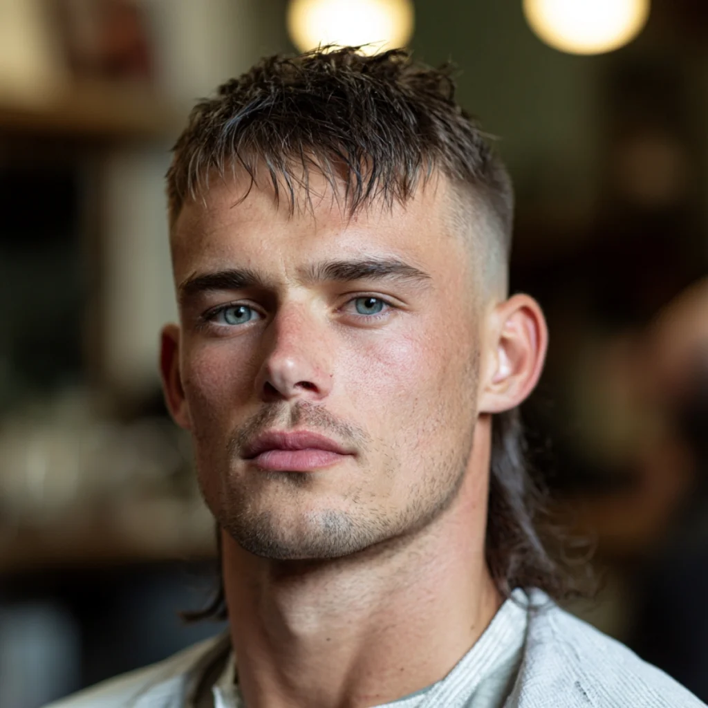 Textured mullet fade, short cropped top with a faded side and long hair at the back and nape