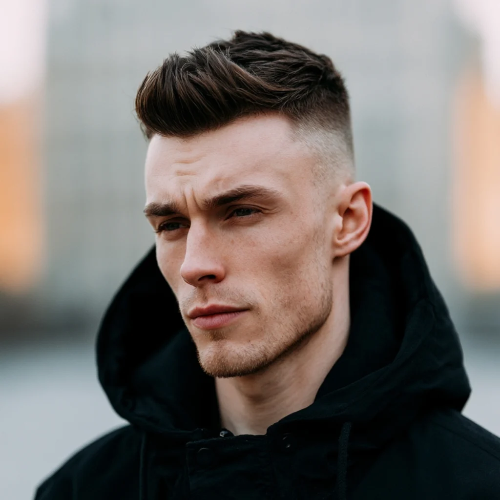 Textured quiff with a low fade, hair swept up and forward with dark brown texture