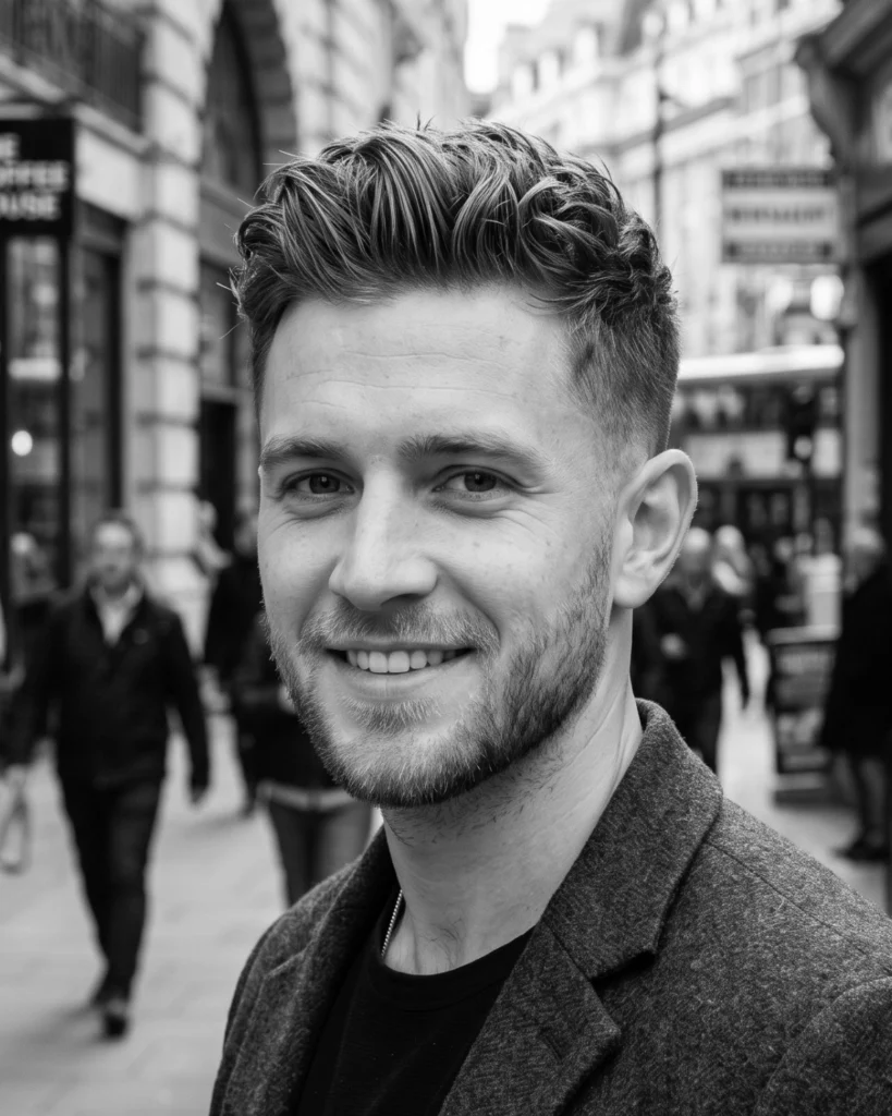 Man with a textured quiff and tapered sides, showing a hairstyle for diamond face shape men