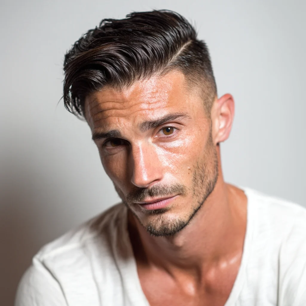 Textured side part with a fade, dark hair with a defined part and natural texture on top