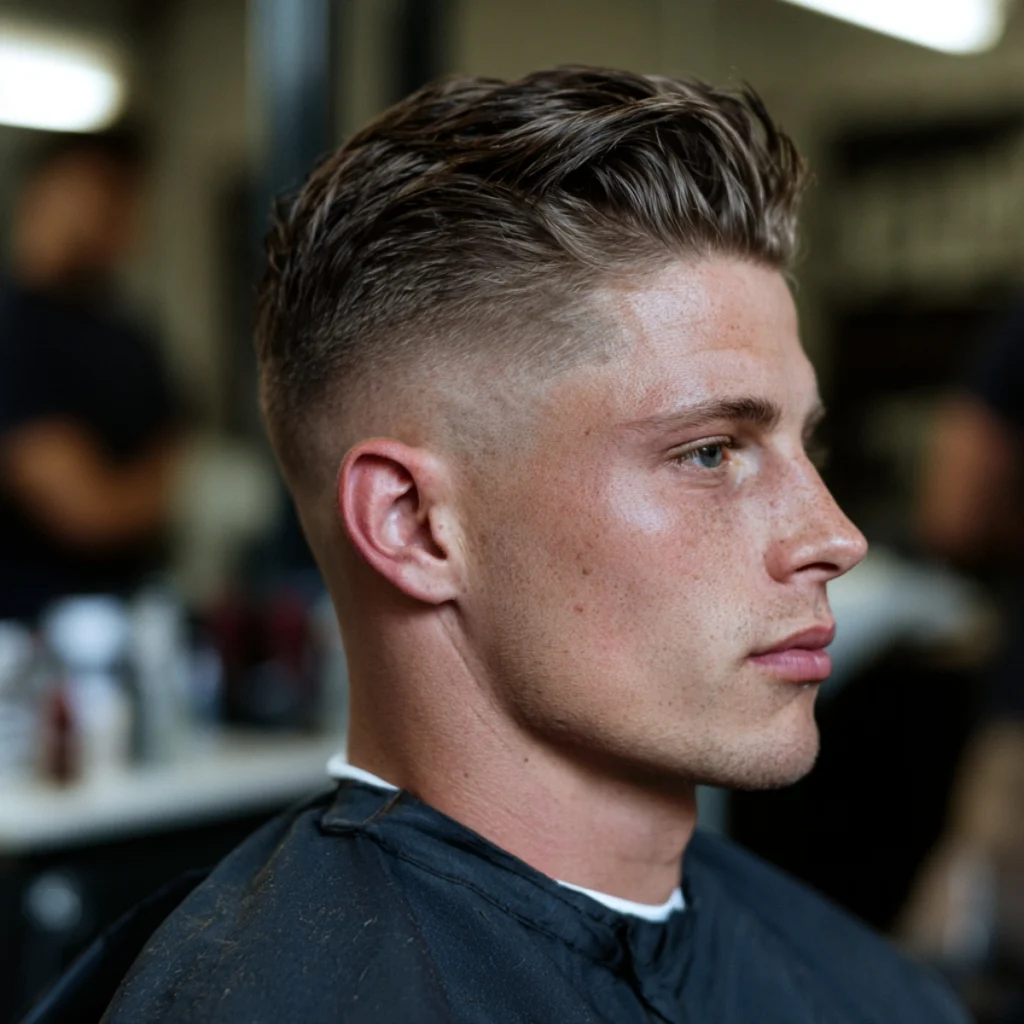 Textured slick back with a fade, brown hair swept back with height and natural texture
